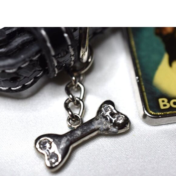 Black Leather Silver Tone Rhinestone Accent Bones Dog 9"-11"  Collar/ Key Chain - Picture 3 of 4